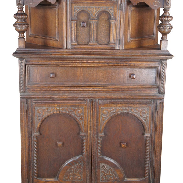 Antique English Jacobean Style Carved Oak Court Cupboard Hutch Sideboard Dry Bar