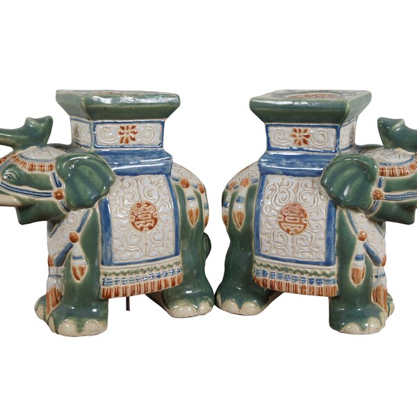 2 elefantes de cerámica policromada chinoiserie, soportes para plantas, taburetes de jardín, estatuas