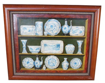 Fabrice De Villeneuve Trompe l'Oeuil BW China Cupboard Still Life Oil Painting