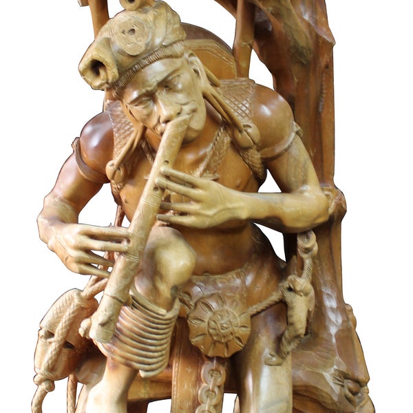 Monumental Folk Art Carved Totem Statue Sculpture Man Flute Animals 51"