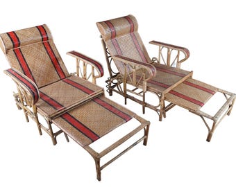 2 Vintage French Woven Bamboo Woven Rattan Coastal Chaise Lounge Chair Boho Chic