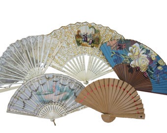 5 Vintage & Antique Hand Painted Carved Pierced Reticulated Folding Hand Fans