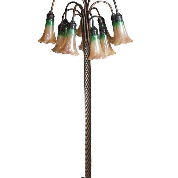 Tiffany Style Copper & Bronze Art Nouveau 12 Arm Lily Pad Tulip Floor lamp 54"