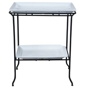 Vintage Two Tier Industrial Iron & Porcelain Serving Tray Table Dry Bar Stand