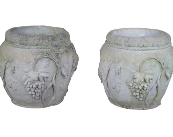 2 French Neoclassical High Relief Grapevine Garden Planter Vases Urns 135lbs 16"