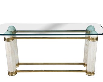 Vintage Italian Regency Travertine Stone Brass & Glass Console Hall Sofa Table