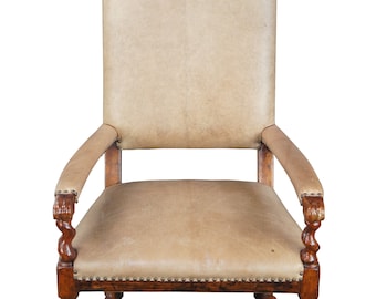 Theodore Alexander French Louis XIII Style Walnut Barley Twist Leather Arm Chair