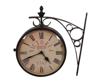 Vintage Victoria Station 1747 Double Sided Brass Wall Mount Railway Clock 8"