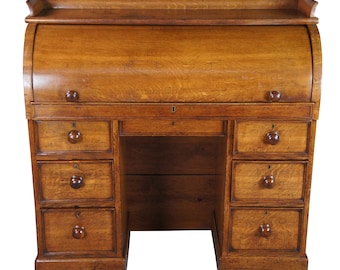 Antique 19th C. English Victorian Hobbs Kneehole Cylinder Roll Top Writing Bureau Desk