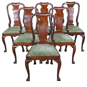 6 Antique 18th Century Queen Anne Mahogany Dining Chairs Trifid Foot Felt Seat