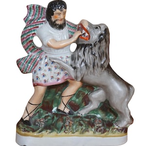 Antique Mid 19th Century Staffordshire Porcelain Samson & the Lion Figurine 12&quot;
