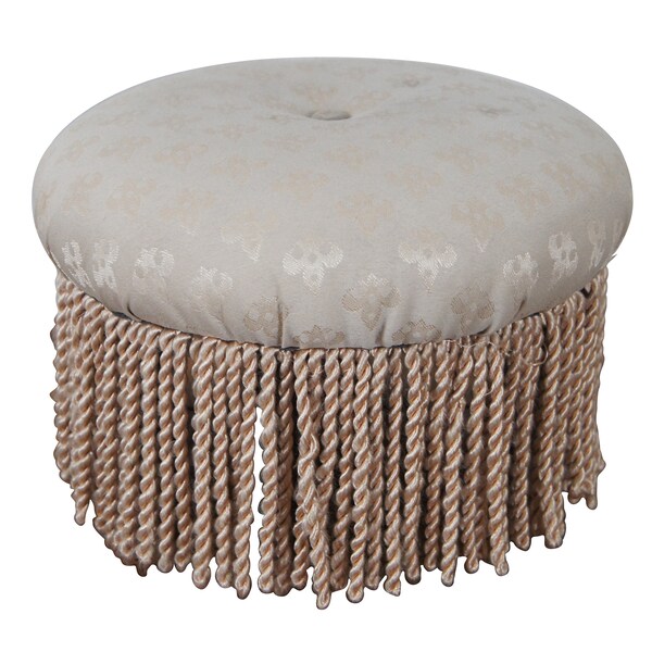 Round Oak Fleur de Lis Upholstered Tufted Fringe Foot Stool Ottoman Pouf 13"