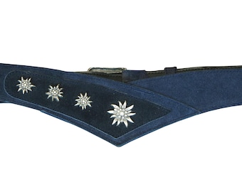 Vintage Trachten Dirndl Blue Suede Leather Eidelweiss Flower Blossoms Belt 39"