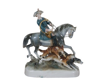 Royal Dux Bohemia Porcelain Equestrian Huntsman Fox Hunt Horse Dog Sculpture 20"