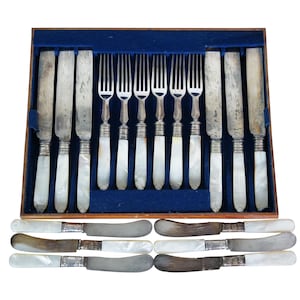 Antique 18Pc Mother of Pearl Sterling Silver Fork Knife Fish Flatware Cutlery Set