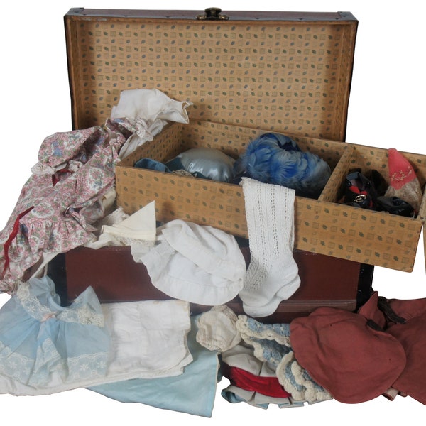 54 Pc Antique Doll Clothing Lot & Steamer Trunk Wardrobe Box Dollhouse 18"