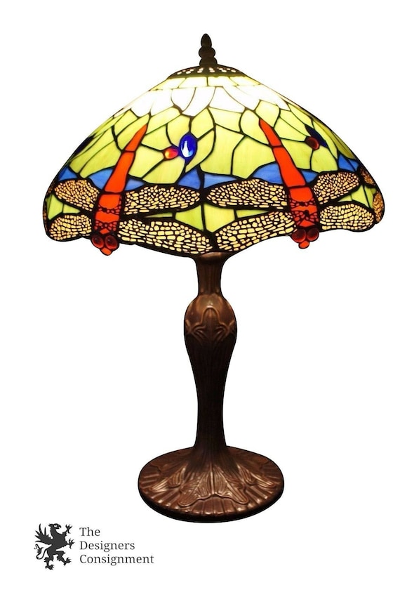 Reproduction Vintage Tiffany Style Dragonfly Slag Glass Lamp Beaded Shade Light