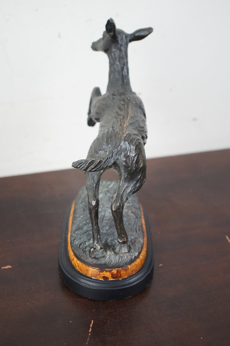 Vintage Bronze Leaping Deer Figurine by Oriental Accent Fawn Doe Sculpture