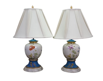2 Antique French Floral Painted Butterfly Ginger Jar Mantel Urn Lamps Pair 34"