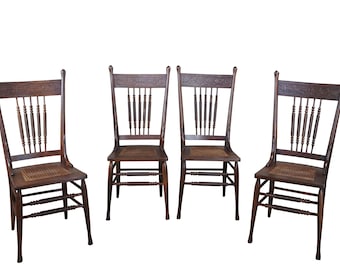 4 Antique Late Victorian Oak Press Back Carved Dining Chairs Cane Seat Spindled