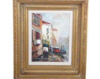Vintage Impressionist Venice Italy Gondolas Canal Scene Oil Painting 26"