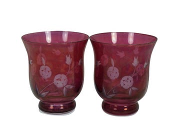 2 Slovakian Hand Cut Etched Cranberry Red Glass Bud Vases Votive Holders 4"