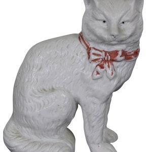 Antique German Victorian Bisque Seated White Cat Figurine Statue Red Bow 4.5&quot;