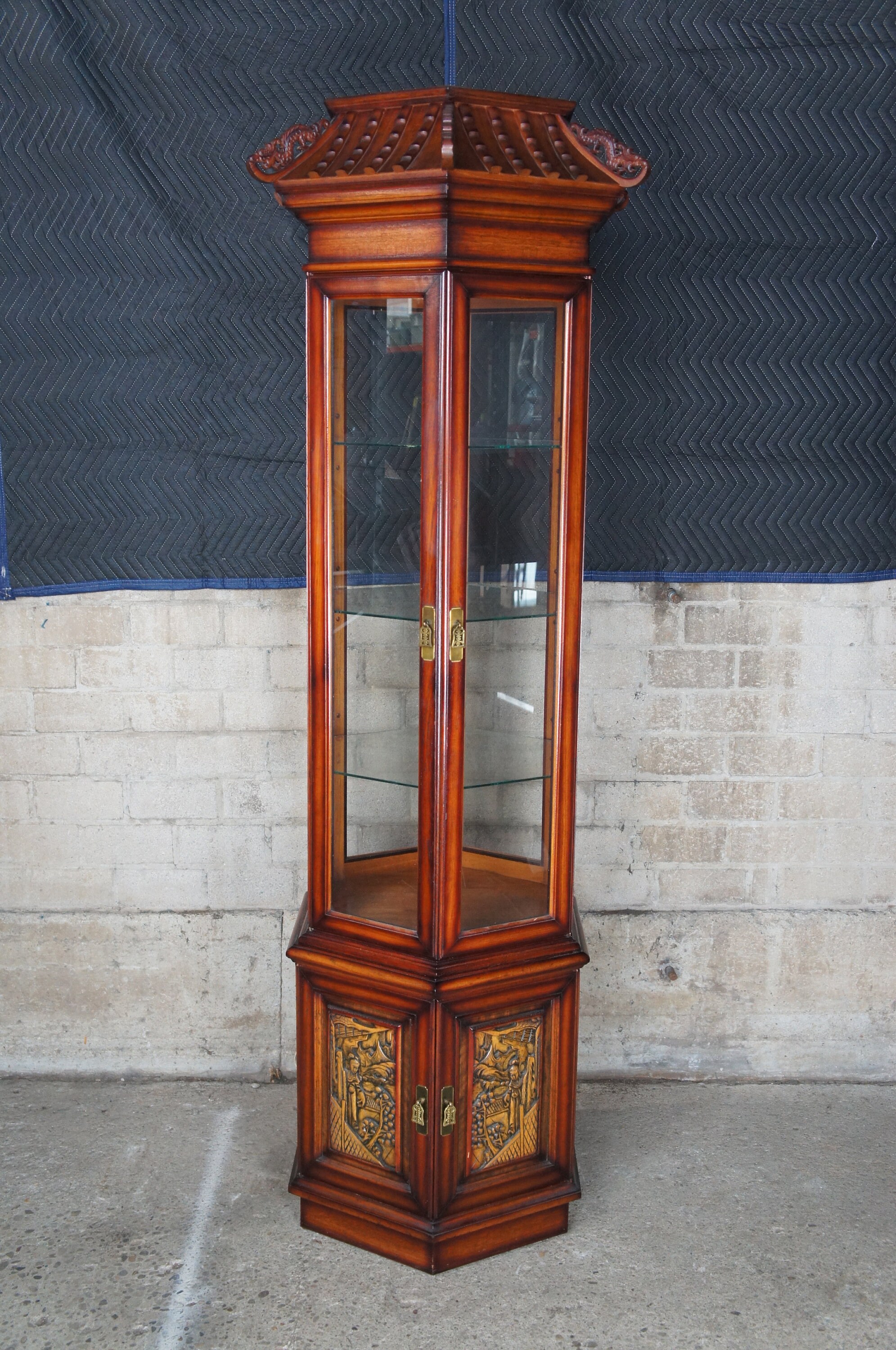 2 Japanese Red Oak Dragon Carved Hexagonal Pagoda Vitrine Curio