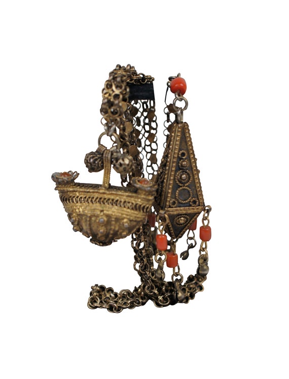 Antique Brass Filigree & Coral Bead Bolero Lariat… - image 1