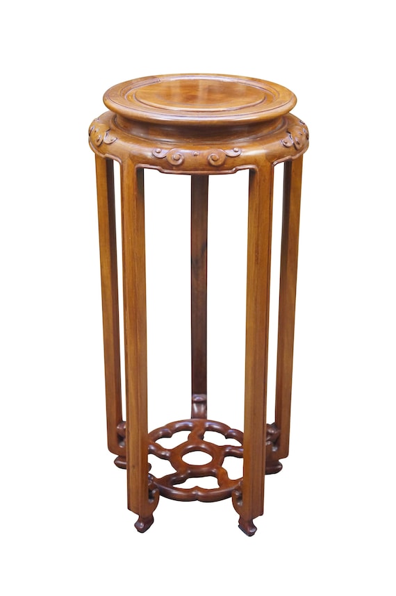 Vintage Chinese Chinoiserie Carved Elm Pedestal Plant Sculpture Stand 26"