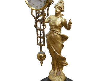 Japanese Linden Art Nouveau Swinging 8 Day Diana Statue Sculptural Desk Clock 14"