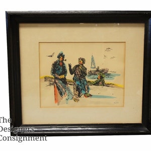 Alba Zaiser Watercolor Signed Painting Impressionist Portrait Fishermen Boats