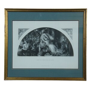 May include: A black and white print of a historical scene depicting a group of people in a dramatic moment. The print is framed in a gold frame with a blue mat.