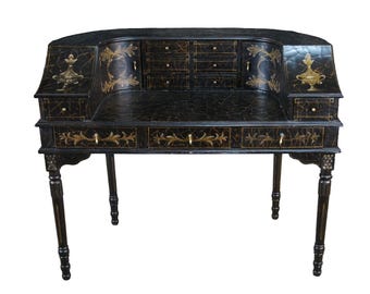 Vintage Black Lacquer Chinoiserie Carlton House Neoclassical Writing Desk