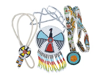3 Southwestern Native Style Seed Bead Thunderbird Medallion Necklaces