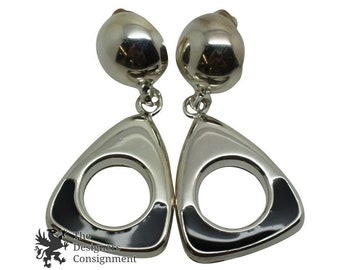 Pair Of Vintage Ladies Black Silver Electroplate Triangle Clip On Earrings