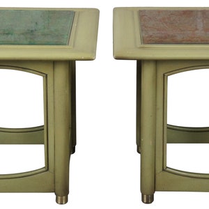 2 Hekman Distressed Green French Brocade Glass Top Side Accent Cocktail Tables
