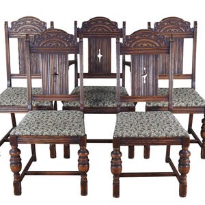 5 Antique Bernhardt English Jacobean Style Carved Oak Dining Room Chairs
