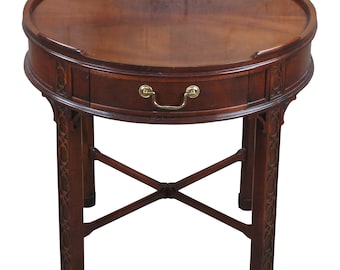 Baker Furniture Chinese Chippendale Carved Mahogany Drum Side Accent Table 26"