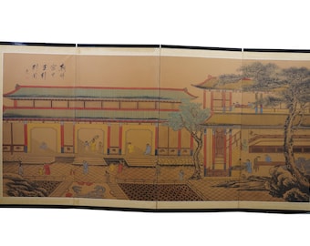 Chinese Painted Silk 4 Panel Folding Screen Dynasty Courtyard Black Lacquer 72"