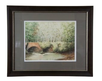 Vintage W.C. Martin English Watercolor Landscape Painting Bridge Forest Scene