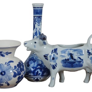 3 Vintage Delft Bleu Porcelain Bud Vases and  Cow Creamer Blue & White Holland
