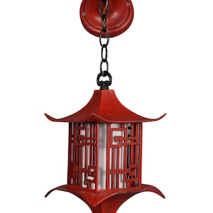 1960s Red Metal Chinoiserie Chinese Pagoda Hanging Lantern Pendant Light