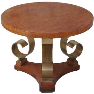 Italian Neoclassical Olive Burl Scrolled Brass Round Gueridon Martini Table MCM