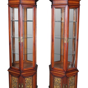 2 Japanese Red Oak Dragon Carved Hexagonal Pagoda Vitrine Curio Display Cabinets