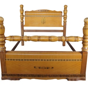 Vintage Late Art Deco Mahogany Waterfall  Full Size Burl & Inlay 4 Poster Bed