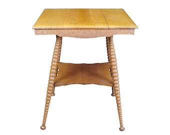Antique Victorian Eastlake Oak Square 2 Tier Stacked Ball Parlor Table  28"