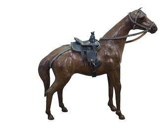 1960s Artisan Italian Leather Equestrian Western Horse Figurine Statue 14"