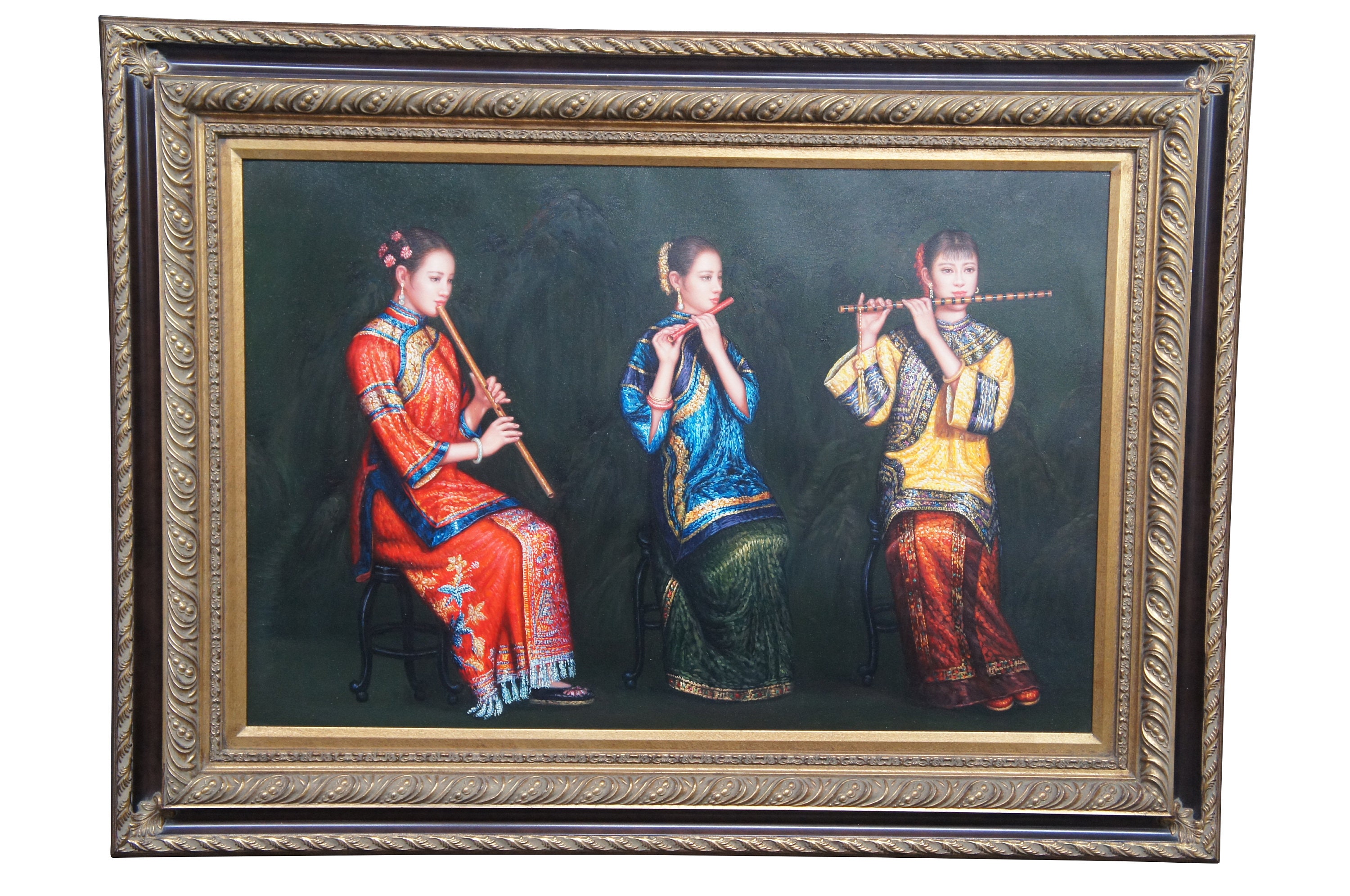 Chinese Trio of Woman Playing Bamboo Flutes Oil Painting After