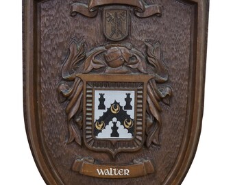 Vintage Black Forest Style Mahogany Carved Coat of Arms Wall Plaque Walter 16"